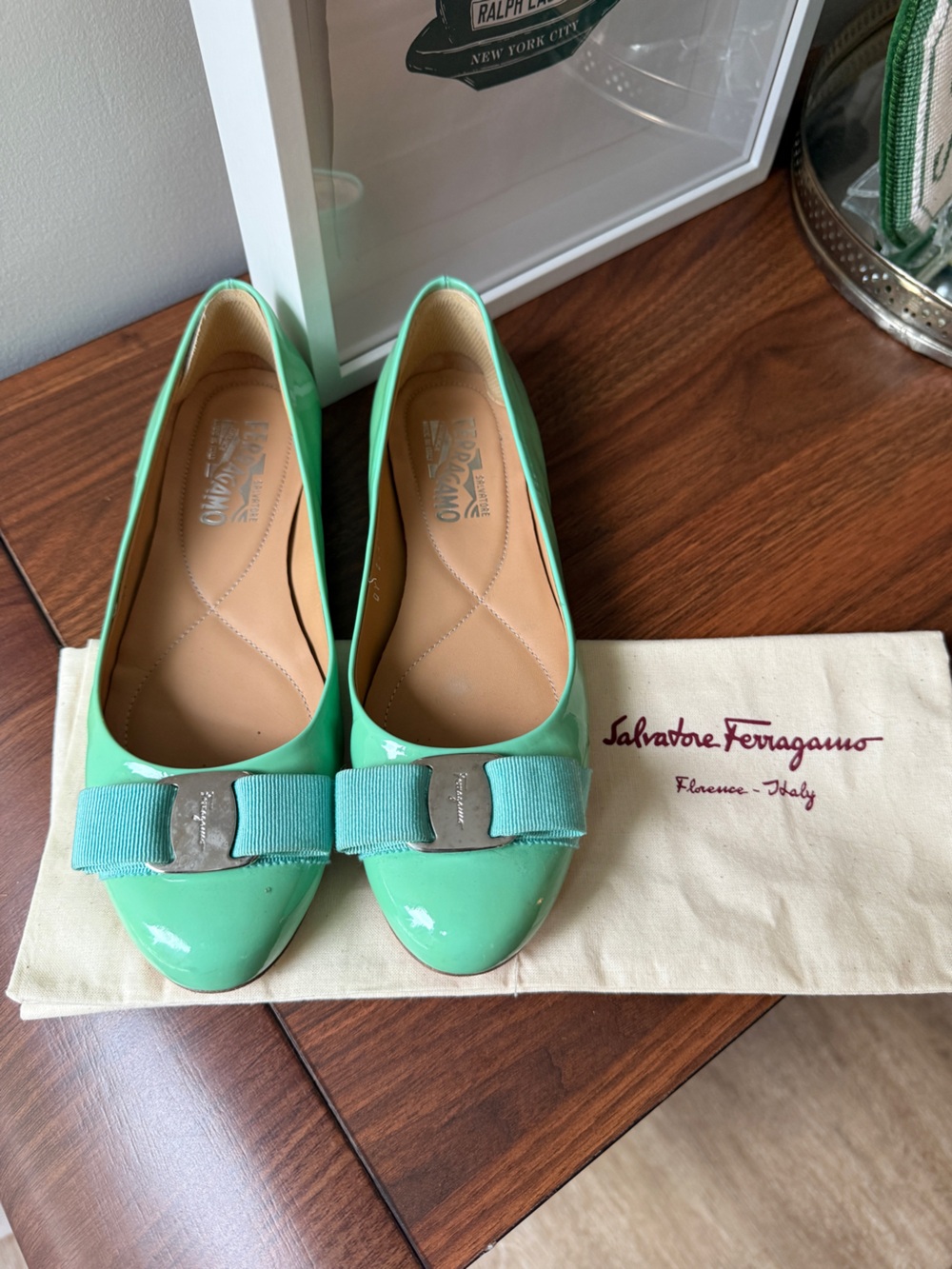 Salvatore Ferragamo Mint Green Vara Bow Patent Leather Flats - size 7